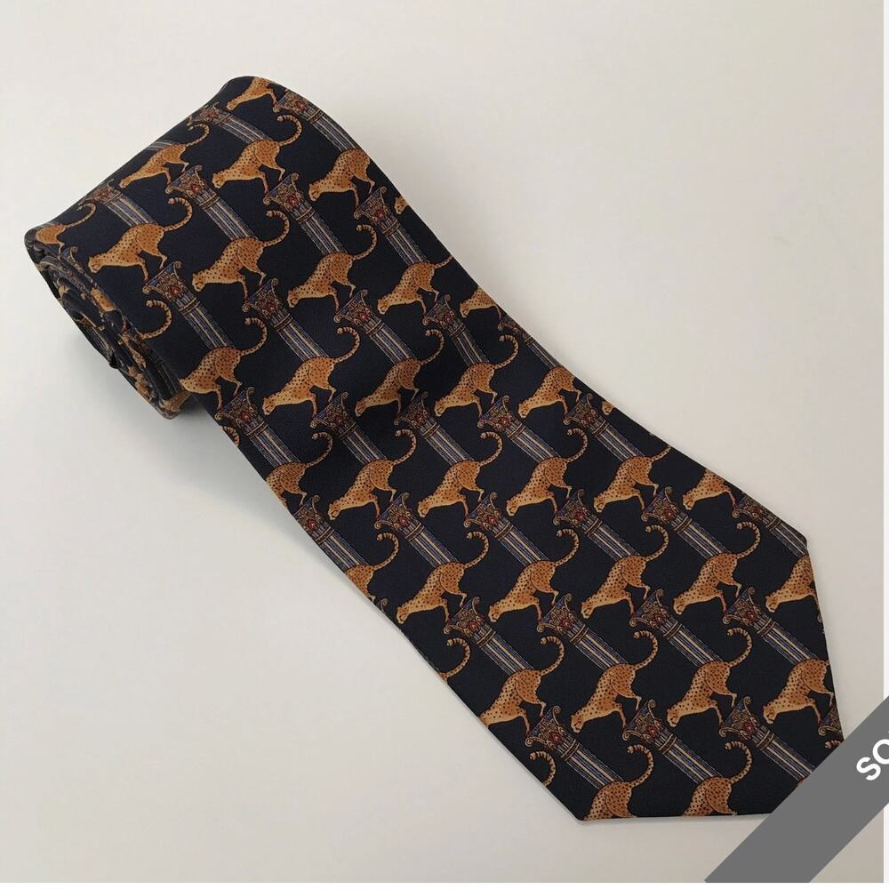 SALVATORE FERRAGAMO Mens Tie Blue Gold Cheetah Retail - $199